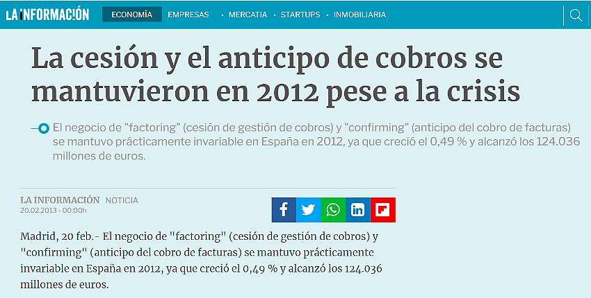 noticia La Información: La cesión y el anticipo de cobros se mantuvieron en 2012 pese a la crisis